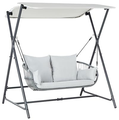 Beliani Modern Outdoor Swing PE Seat Polyester with Canopy Steel Frame Light Grey Fiastra