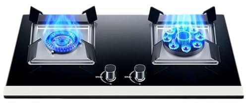 THEGA Stufa A Gas Ventilata, Fornello A Gas da Interno con 2 Fuochi, Pannello in Vetro Temperato, Fiamma Alta Temporizzata A 9 cavità da 5,0 KW, Adatto per Gas Naturale/GPL(LPG)