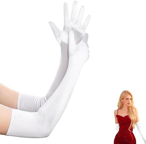 JFGDVW Long Elbow White Satin Gloves, 1920s Style & Prom Gloves For Women, For Costume Evening Opera Bridal Party Wedding Prom