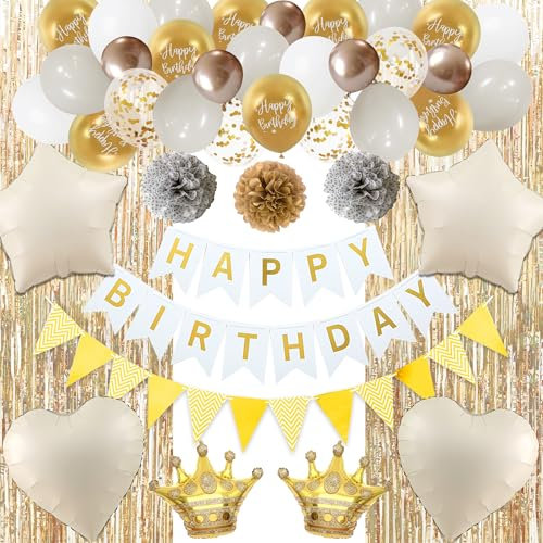 Runyuzi Geburtstagsdeko Frau Mädchen Set - Weiß Gold Geburtstag Deko Happy Birthday Banner Wimpel Girlande, Lametta Vorhang Herzen Sterne Krone Folienballons Konfetti Ballons für Geburtstagsfeier