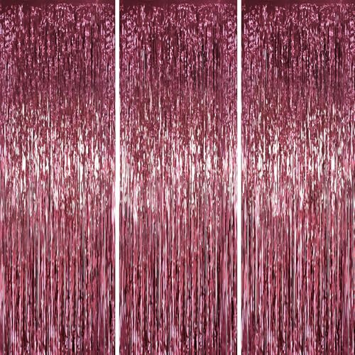 Voircoloria Confezione da 3 tende con frange in lamina bordeaux da 1 x 2 m, decorazioni per feste, sfondo con frange per compleanno, baby shower, rivelazione di genere, laurea
