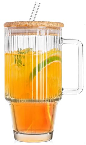 TELAIN 32oz Vaso de Vidrio con Asa, Tapa de Bambú y Pajita, Vaso de Vidrio para Bebidas Calientes/Frías, Tazas de Café Helado