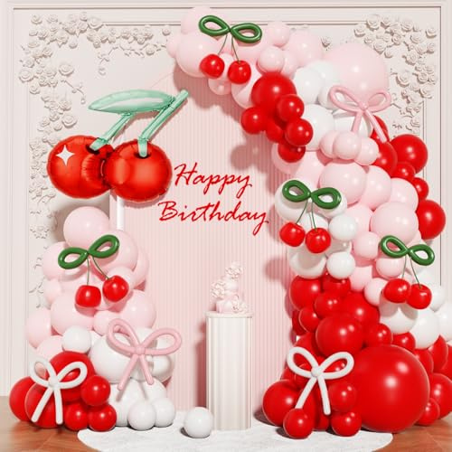 Decoraciones de cumpleaños de cereza, 149 piezas de arco de globos de cerezo rosa y blanco para bodas, despedidas de soltera, baby shower decoraciones de fiesta