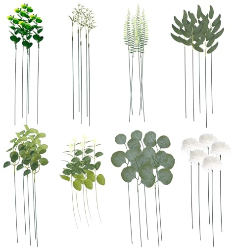 SSKHE 40-Piece Artificial Flowers Bouquet – 8 Varieties Faux Flowers with Lifelike Petals, White & Green Soft Hues – Indoor Decor for Tables, Rooms & Shops – for Home Styling