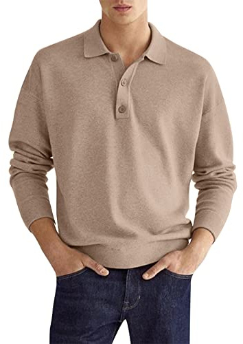Polo Shirt Long Sleeve Men's Fashion Casual Simple Plain Velvet Button Long Sleeve Top Shirt, Kh2., L