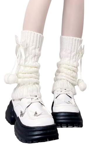 Fjquamitix Leg Warmers For Teen Girls Women Y2K Cute Bow & Furball Design Soft Knitted Long Lolita Kawaii Knee High Socks Stretchy Boot Cuffs For Cosplay Daily Dance Parties (White Bow, One Size)