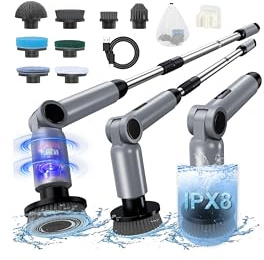 Brosse Nettoyage Electrique, [IPX8 Imperméable] Homtronics Brosse Rotative Nettoyage,Conception Pliant, avec Tige TéLescopique et 8 TêTes de Accessoires pour Salle De Bain,Voiture,Fenêtre,Douche