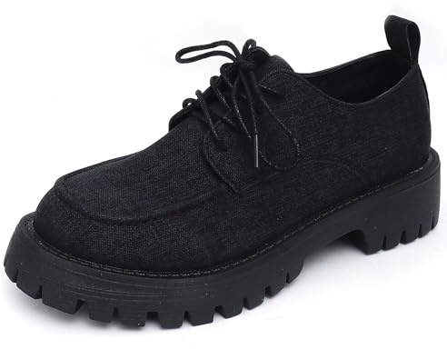 Mocasines de plataforma con cordones para mujer, ancho ancho, tacón grueso, suela de lengüeta, vestido casual, zapatos cómodos de trabajo, Black, 39.5 EU