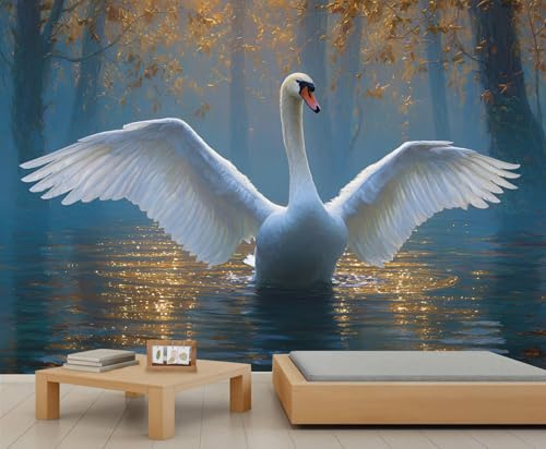 Schwanentapete, Herbstwald, Kindertapete, Herbstwald, Wandbild für Mädchen, Schlafzimmer, Wohnzimmer, 450 x 300 cm