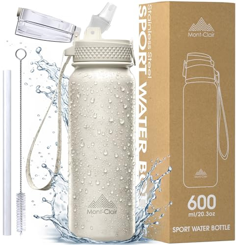 Mont-Clair Botella Agua Acero Inoxidable - Botella de Agua Deportiva - 600ml - Termica y Sin BPA - para Adultos & Niños, Deporte, Oficina, Yoga, Ciclismo, Gym - Crema