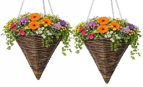 Garden Mile 2 Pack 14 Inch Cone Hanging Flower Baskets – Brown Rattan Wicker Outdoor Planters with Liner & Metal Hanging Chains – Garden, Patio & Balcony Décor