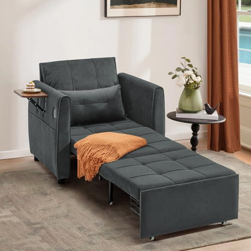 Yalissey Convertible Sleeper Chair, 4 in 1 Pull Out Chair Bed for Adults with Wing Table, USB Charging & Bottom Storage, Space-Saving 90 Single Sofa Bed Chairs for Living Room, Dark Gray