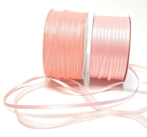 2 Rollen Schleifenband - je 1 Rolle 50 Meter Satinband 3mm und Organzaband 6mm rosa
