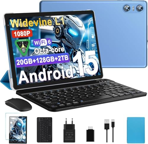 Tablet Android 15 Tablet 10 Pulgadas Gemini AI, 20GB RAM + 128GB ROM (TF 2TB), Octa-Core, Widevine L1, GMS, 5 + 8 MP, 1280 * 800 Pixels, 6000mAh, Bluetooth 5.0, Tablet con Teclado y Raton Azul
