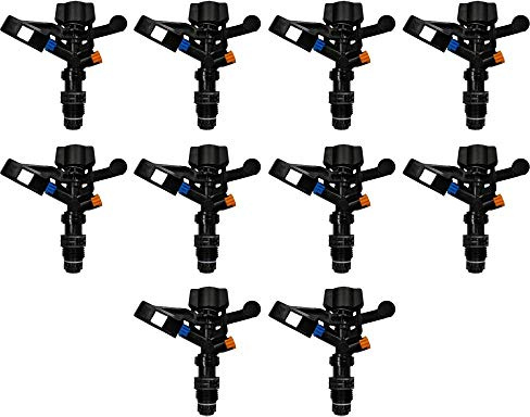 Aspersor agricola circular. Alcance 10,5 mts. Rosca macho 1/2. Caudal 9,6 litros/minuto o 580 litros/hora. Diámetro 21 metros. Pack 10