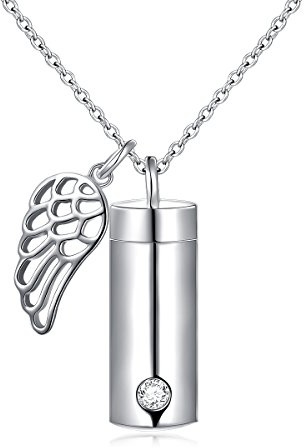 Flyow Verbrennung Schmuck 925 Sterling Silber Memorial Asche Andenken Zylinder Urne Halskette Personalisiert Anhänger Kette für Unisex (Engel Flügel)