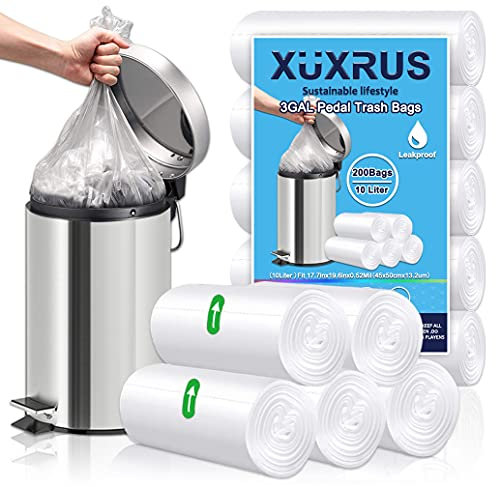 XUXRUS 10l Pedal Bin Liners 200 Counts Small Clear Plastic Bin Bags Strong Wastebasket Trash Can Bin Liners for Bathroom Toilet, Bedroom, Office,Desk,Fit 10-15ltr,Clear