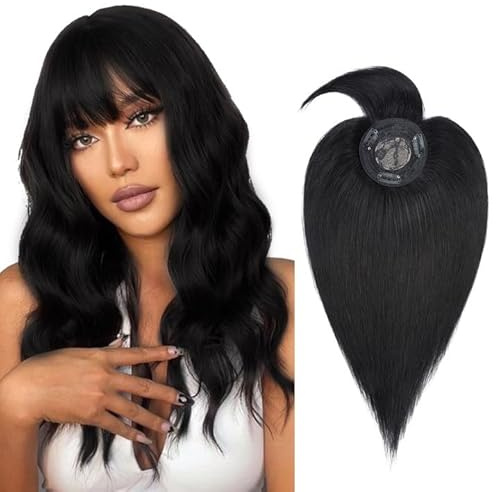Silk-co Topper Extensions Haarteile Echthaar Clip in Extensions Echthaar Weich Natürlich Glatt Toupet Haarverlängerung mit Pony(11cm lang) 7A Remy Haare 40cm-42g 01# Rabenschwarz