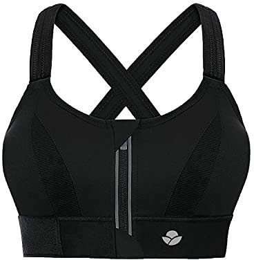 YIANNA Women High Impact Sports Bra Plus Size Zip Front Fastening Bras Padded Adjustable Strap Wireless Running Yoga Top Black, 151 S