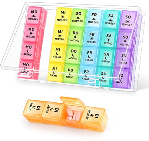 Opret Tablettenbox 7 Tage Morgens Mittags Abends Große Fächer, Pillendose 7 Tage 4 Fächer, Medikamentenbox 7 Tage 4 Fächer Pillenbox 7 Tage Tablettendose Tabletten Wochenbox(weiße Abdeckung)