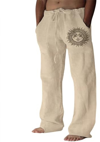 Puimentiua Cotton Linen Pants Men, Summer Beach Pants Loose Fit with Elastic Waist Drawstring Khaki