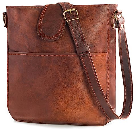 LEABAGS Leder Handtasche Damen I Premium Echtleder Umhängetasche I Damen Schultertasche I Damentasche I Tragetasche für Arbeit Uni Schule Freizeit I Größe L (31 x 29 x 6 cm) I Vintage Cognac