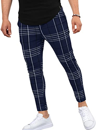 Oanviso Pantalon Business Décontracté à Carreaux pour Homme Pantalon de Jogging à Rayé avec Poches Coupe Ajustée Pantalon d'affaires Chic Sport Pantalon Respirant Crayon Pantalons