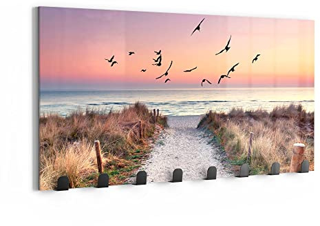 DEQORI Wandgarderobe Glas & Metall | Motiv Strandaufgang zur Ostsee | 60x30 cm | Design Haken-Leiste modern | Garderoben-Paneel für Flur, Wohnzimmer & Schlafzimmer | magnetisch & beschreibbar