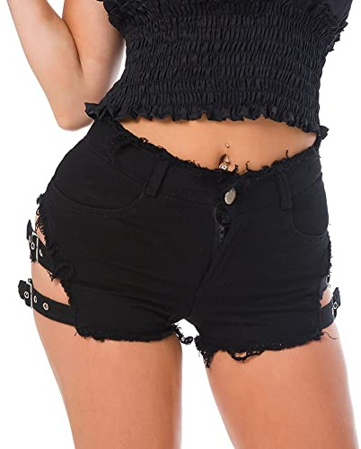 FYMNSI Damen Jeansshorts Sommer Denim Kurze Hose Mode Jeans Ripped Zerrissen Loch Hotpants Shorts Stretch Hosen Mittlere Taille Boyfriend Vintage Quaste Push Up Mini Pants Lässige Clubwear Schwarz M