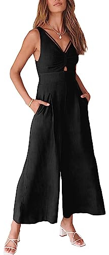 ANRABESS Womens Jumpsuits Summer Linen Wide Leg Sleeveless V Neck Casual Dressy Rompers Pants 2026 Spring Vacation Outfits Black Medium