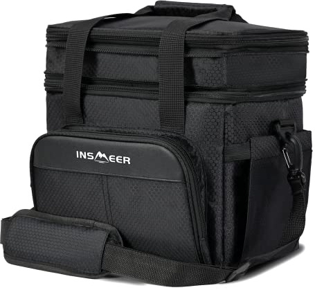 INSMEER Extra Large 20L Insulated Lunch Bag, 2 Layers Foladable&Expandable Black Lunch Bag for Men, Leakproof Cooler Lunch Box Thermal Bag with Shoulder Strap for Work, Travel, Camping, Beach & Hiking