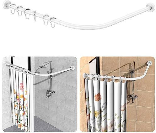 Duschvorhangstange ohne Bohren, 304 Edelstahl L Form Teleskopstange, 75-105 x 115-175 cm, inkl. 18 Ringe, ohne Deckenhalterung, Ecke Duschvorhangstange Rostfrei, für Badewanne & Dusche - Weiß