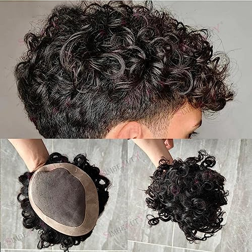 SIMBEAUTY Indian Remy Human Hair Curl Toupee 10x8inch for Men with Men Hair System Replacement Wig (Mono Base #1B (Off Black) 20mm Curl)