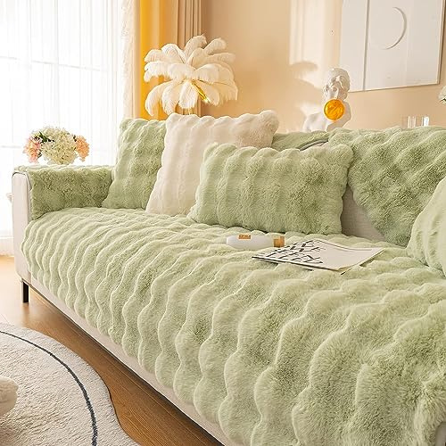 LINGKY Sofabezug Ecksofa L Form Kaninchen Plüsch Sofa Überzug Couchbezug Sofa/Couch Wurfdecke Eckcouch 3/2/1 Sitzer Sofaschutz Sofaüberwurfe Sofaschoner rutschfest Hund Katze (Grün,90x180cm)