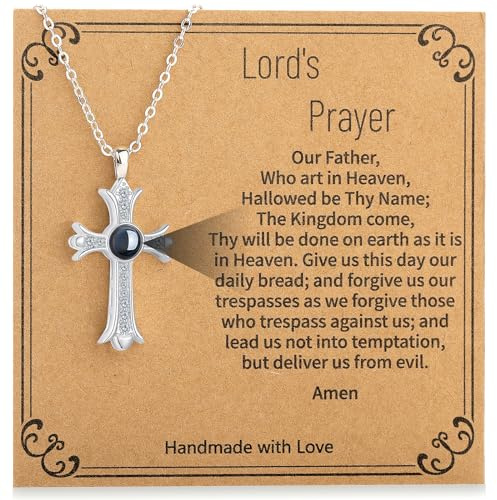 Semoya Silver Cross Necklace for Women Girls, Bible Verse Cross Pendant Chain Christian Religious Jewelry First Communion Confirmation Easter Gifts Teen Teenage Kids Girl Age (Lord Prayer)