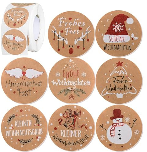 Aufkleber Weihnachten Rund 500 Stück Geschenkaufkleber Frohe Weihnachten Kraftpapier Weihnachtsaufkleber auf Rolle Weihnachtssticker Selbstklebende Etiketten Für Party Geschenkverpackungen(Stil 1)