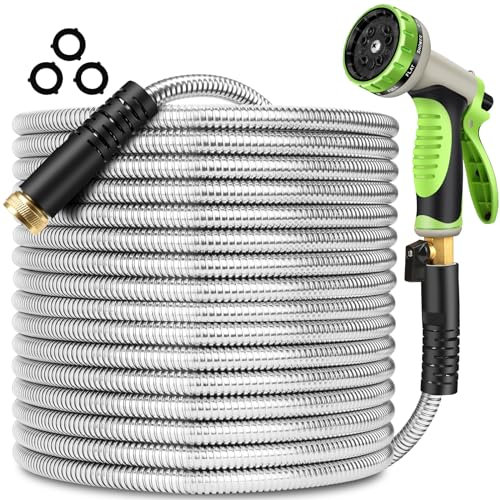 Wabolay Metal Garden Hose 50 ft Stainless Steel Water Hose Heavy Duty with 10 Way Nozzle-Flexible Lightweight Durable No Kink & Tangle Hoses Pipe Strong 3/4’’ Solid Brass Fitting for Outdoor Yard