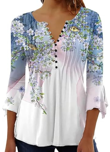 ABYOVRT Blusa de Mujer Camisa Elegante Manga 3/4 Cuello V Estampadas Camiseta Casual Holgada Verano,Blanco-2,XL