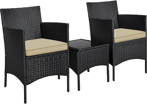 Yaheetech Balkonmöbel Set, 3TLG Gartenmöbel Terrassenmöbel aus PE-Rattan | Gartensitzgruppe Lounge Set inkl. 2 Stühle mit Sitzkissen & Tisch für Balkon Terrasse, Schwarz-Khaki