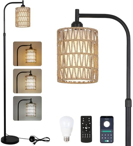 Rayofly Dimmbare Stehlampe Wohnzimmer, Rattan Stehlampe mit Fernbedienung, App-Steuerung, Boho Stehleuchte mit Rattan & Leinen Lampenschirm, Vintage Standleuchte für Schlafzimmer, Höhenverstellbar
