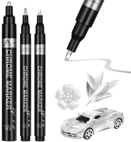 AUAUY Metallic Chrom Marker, 3 Stück Spiegel Acryl Farbstifte, 3 Spitzengrößen, Metallic Marker, Reflektierend Glänzend Permanenter Kunst Flüssig Chrom Stift für Reparatur Modellmalerei Harzmalerei