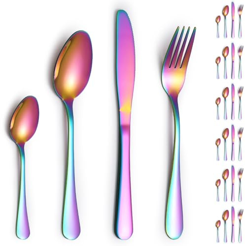 ReaNea Cutlery Sets 24 Pieces Service for 6, Rainbow Titanium Plating Flatware Set, Include Dinner Knives, Dinner Spoons, Dinner Forks, Teaspoons, Dishwasher Safe