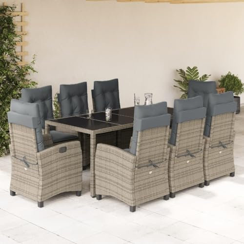 SECOLI Polyrattan Sitzgruppe Garten Essgruppe 8 Personen Rattan Gartenmöbel Set mit 8 Rattansessel Hochlehner Verstellbar Essgruppe Outdoor Gartengarnitur Sitzgarnitur Grau 9-tlg-Type-137