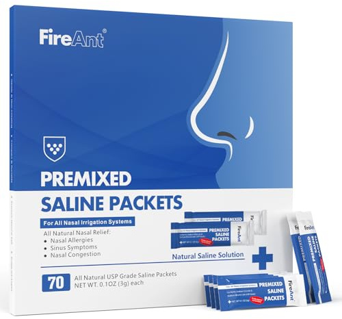 FireAnt Saline Packets Sinus Rinse, 70 Premixed Neti Pot Salt Packets for Nasal Rinse, All Natural, Pharmaceutical Grade, and PH Balanced - 70 Count