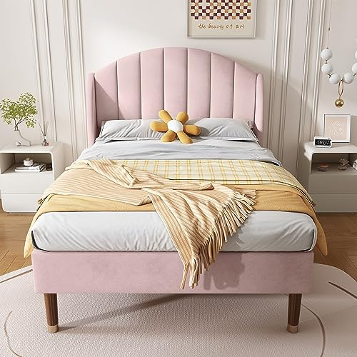 Lexiou Polsterbett 90x200cm mit Lattenrost und Kopfteil, Jugendbett, Einzelbett, Holzlattenunterstützung, Einfache Montage, Samt (Rosa)