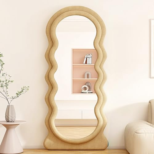 CEIEVER Bogen Ganzkörperspiegel, Gewölbter Standspiegel 160X60CM Wavy Mirror Full Length Unregelmäßiger großer Langer Spiegel Ankleidespiegel für Schlafzimmer,Wohnzimmer (Milchteefarbe)