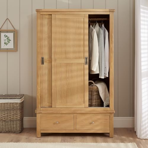 The Furniture Market Marbury Oak | Double Wardrobe | Sliding Door Wooden Wardrobe | Full-Length Hanging Rail & Storage Drawers | Classic Country Style | H 1910mm x W 1190mm x D 570mm