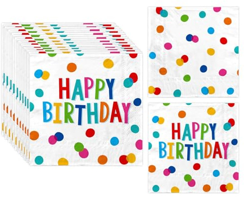 Irikdescia Lot de 20 serviettes de fête Happy Birthday, motif à pois colorés, décoration de table d'anniversaire, napkins en papier pour décoration de table d'anniversaire