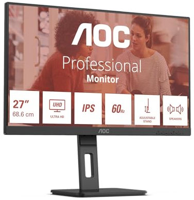 AOC U27E3UF - Monitor UHD da 27 pollici, altezza regolabile, altoparlanti, Adaptive Sync 3840x2160.4K, 60 Hz, DisplayPort, 2x HDMI, hub USB nero, Regolazione altezza, 27 pollice UHD