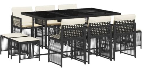 vidaXL Garten Essgruppe 11-TLG., Gartenmöbel Set Tisch mit 6 Stühle 4 Hocker, Gartengarnitur mit Kissen, Sitzgruppe Essgarnitur Terrasse, Schwarz Poly Rattan